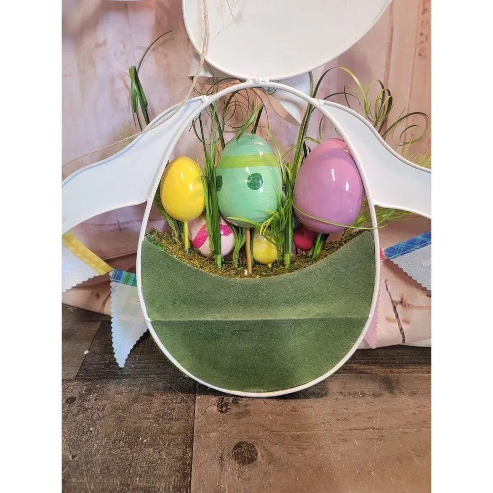 White easter‎ bunny egg grass sign decor spring bow